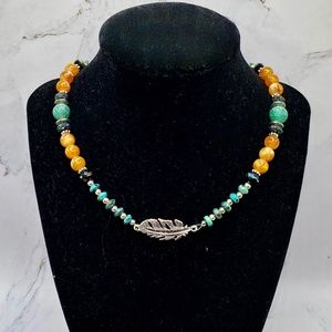 Silver Feather Beaded Necklace in Turquoise, Amber, & Black Beads
